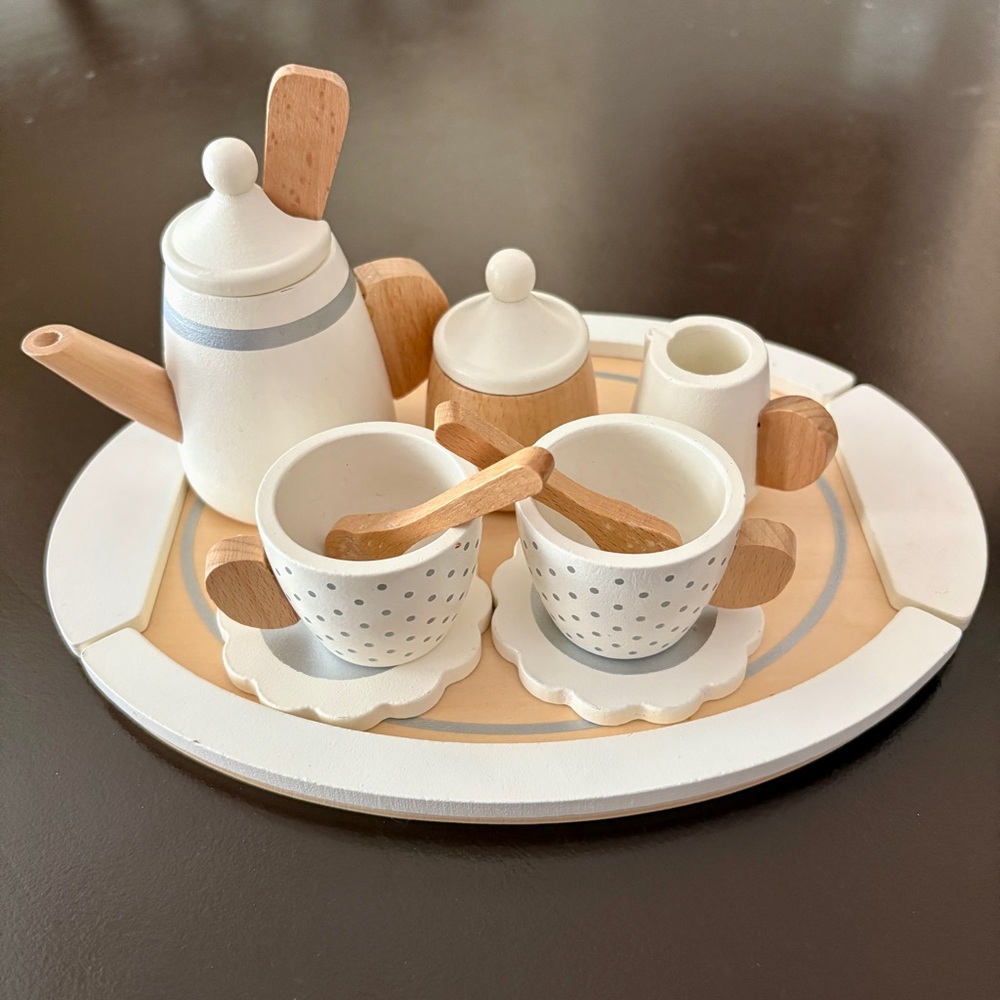 Pottery Barn Kids Play Wooden Tea Set in White and Tan - New